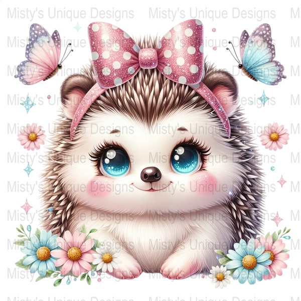 Cute Hedgehog Clipart, Digital Download, Pink Bow, Flowers, Butterflies PNG, Nursery Decor Art, Commercial Use, Scrapbooking Image