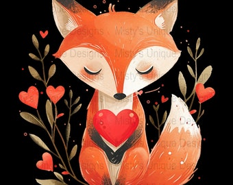 Watercolor Valentine Fox Clipart, Cards, Scrapbooking (PNG Digital File)
