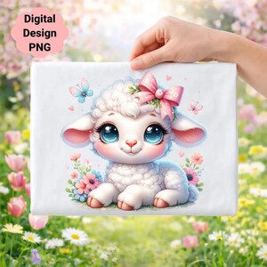 May include: A digital design PNG featuring a cute cartoon lamb with large blue eyes, a pink bow, and flowers. The lamb is white with pink accents and is surrounded by butterflies and flowers. The text "Digital Design PNG" is in the upper left corner.