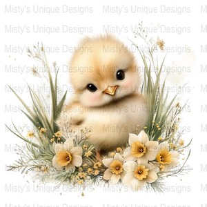 Cute Baby Chick with Flowers Clipart, Digital Download PNG, Adorable Springtime Animal Art, Easter Decoration, Nursery Wall Art