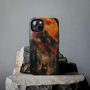 Wolf Moon Phone Case, Red Lunar Mountain Design, Nature Inspired Art Phone Cover, Animal Print Phone Accessory, Fantasy Phone Case
