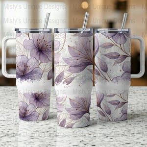 Purple Floral Tumbler Wrap, 40oz Tumbler Wrap Floral Design, Lavender Flower Tumbler Skin, Violet Blossom Tumbler Decal, Tumblers