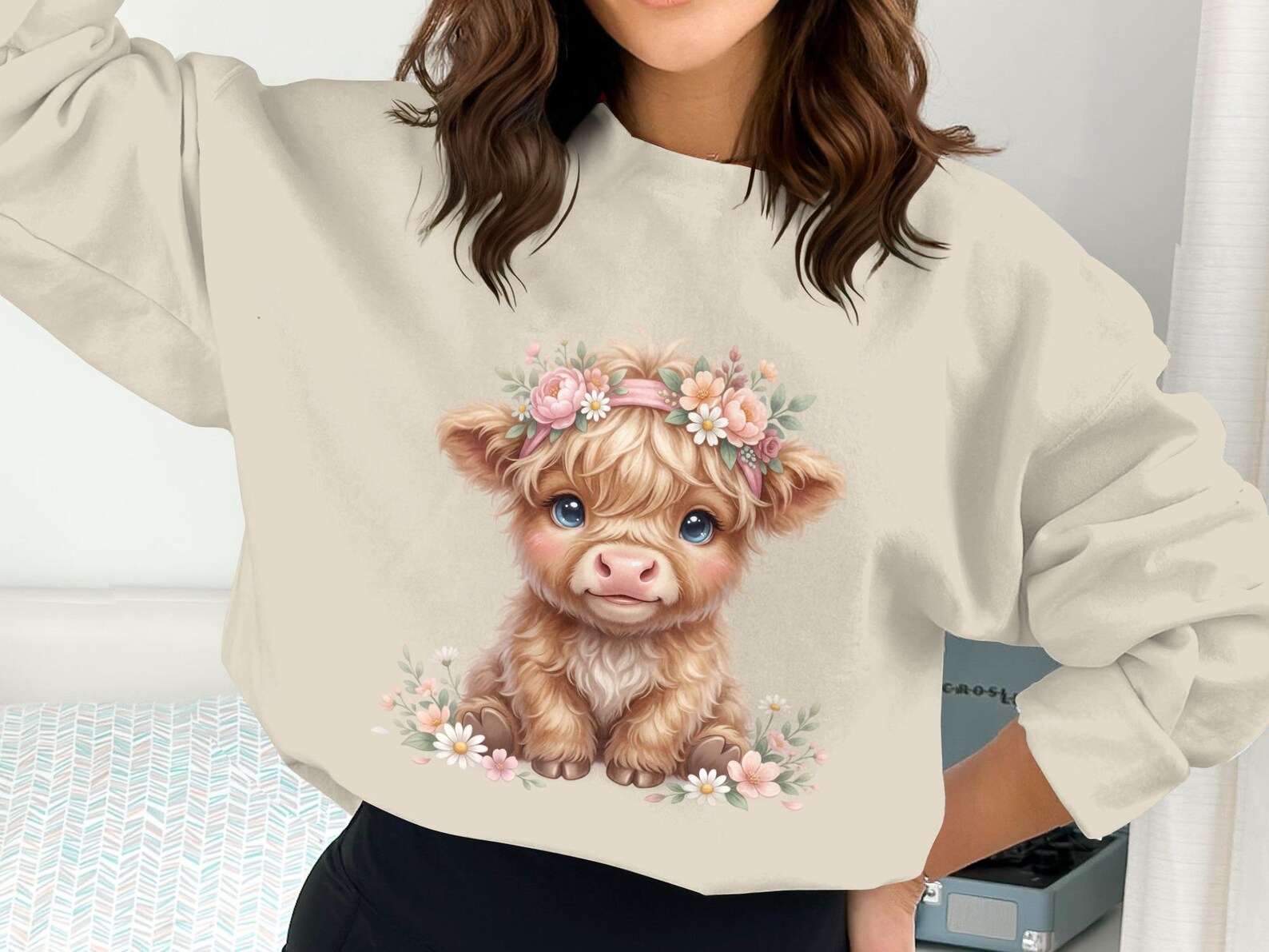 Highland Cow Clipart, Watercolor Baby Calf PNG, Floral Headband Design ...