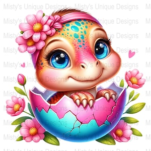 かわいい恐竜の孵化のクリップアート、デジタルダウンロードPNG、花と恐竜の赤ちゃんの卵、子供の誕生日パーティー、保育園の装飾、スクラップブッキング画像