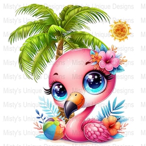 Uroczy tropikalny flaming clipart, różowy ptak PNG, pobieranie cyfrowe, dekoracja na imprezę dla dzieci, drukowany kreskówkowy flaming z palmą
