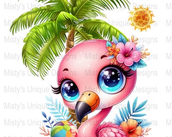 Imágenes prediseñadas de flamenco, pájaro tropical PNG, escena de playa de verano (descarga digital)