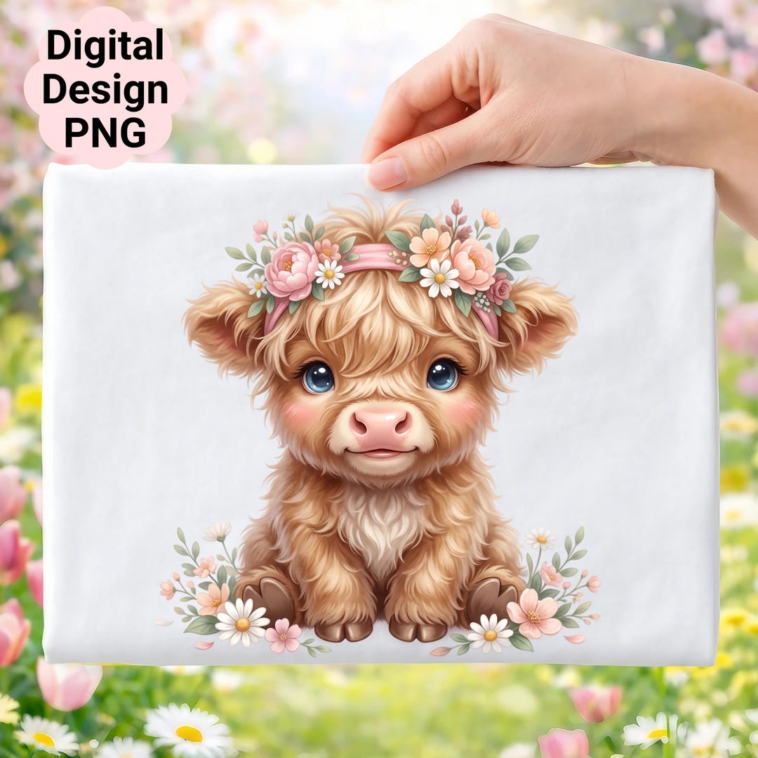 Highland Cow Clipart, Watercolor Baby Calf PNG, Floral Headband Design ...