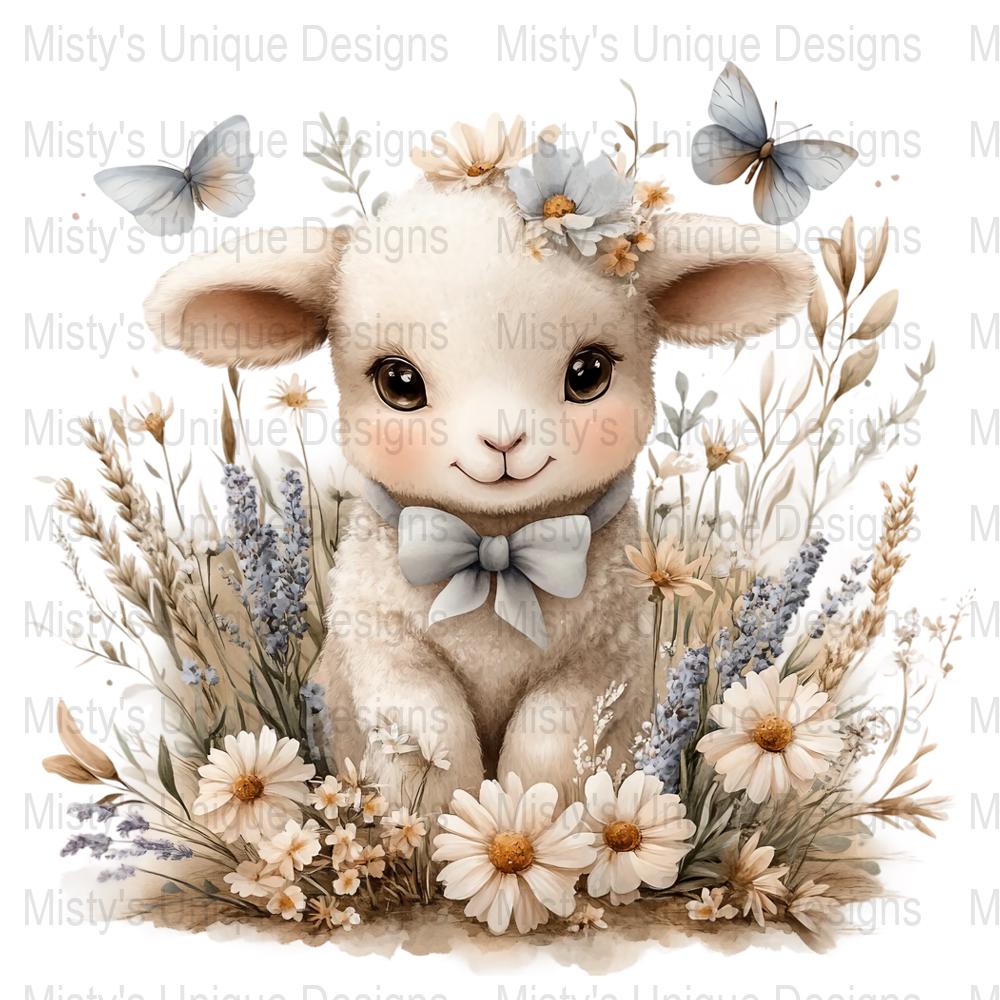 Cute Baby Lamb Clipart, Watercolor Lamb with Flowers and Butterflies, Nursery Decor Clipart, Instant Download PNG, Digital Art