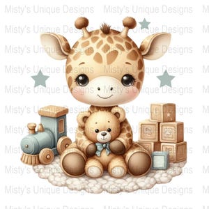May include: A brown and tan giraffe with large brown eyes holds a brown teddy bear with a blue bow. The giraffe is sitting on a white fluffy rug with a blue toy train and wooden blocks.