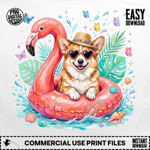 Op de afbeelding: Een digitale illustratie van een Corgi-hond met een hartvormige zonnebril en een strohoed, drijvend op een roze flamingo-zwemband. De afbeelding bevat vlinders, schelpen en tropische bladeren. Tekst: "PNG DIGITAL DESIGN" en "EASY DOWNLOAD".