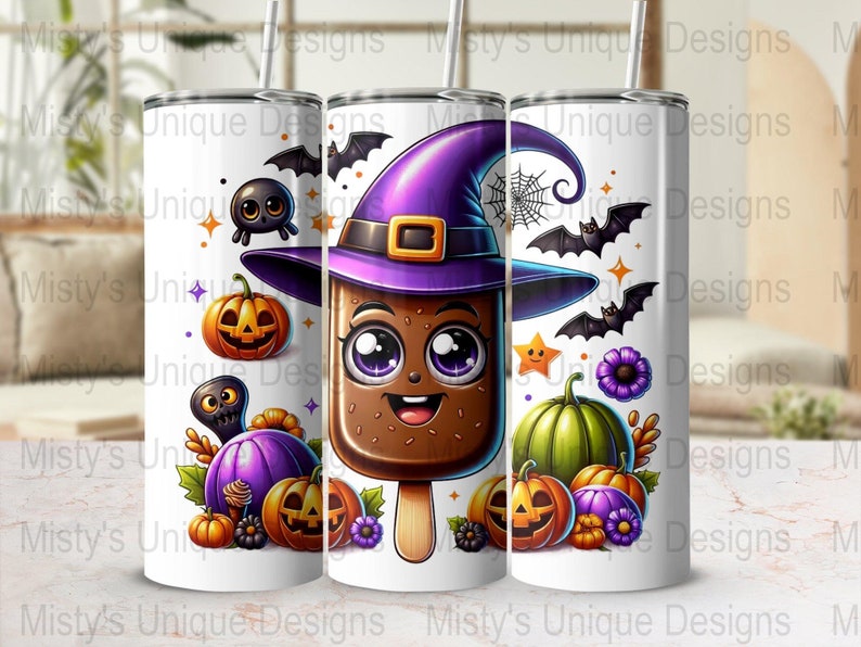Kawaii Halloween Popsicle Clipart, Witch, Pumpkin, Bats (Digital Download) image 6