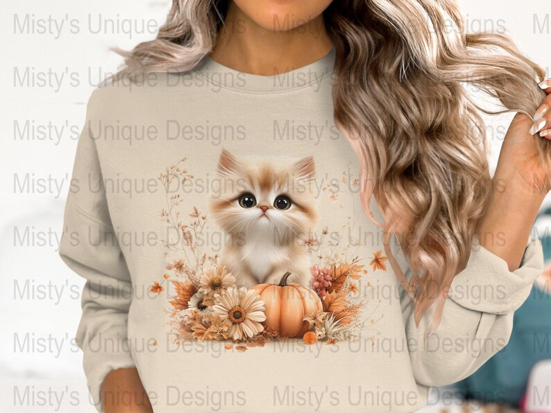 Kitten Pumpkin Clipart, Autumn Floral PNG (Digital Download image 4