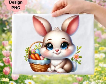 Easter Bunny Clipart, Spring Rabbit with Carrots, Eggs (Digital Download)