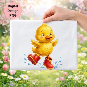 May include: A white rectangular design featuring a cheerful yellow cartoon duck wearing red boots, splashing in water. The words "Digital Design PNG" are in a pink cloud-shaped text box in the upper left corner.
