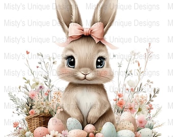 Watercolor Bunny Clipart, Flowers and Easter Eggs (Digital Download)