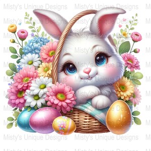 Osterhase Clipart, niedlichen Kaninchen Digital Download, Frühlingsblumen PNG, Korb mit Ostereiern, festliche Kartenherstellung, DIY Handwerk Design