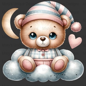 Cute Teddy Bear Clipart, Pajama Baby Bear Digital PNG, Nursery Wall Art, Kids Room Decor, Baby Shower Clip Art, Printable Download