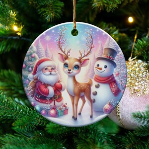 Festive Christmas Ornament Decor with Santa Snowman Reindeer Tree Winter Holiday Decor Round Hanging Ornament Unique Gift