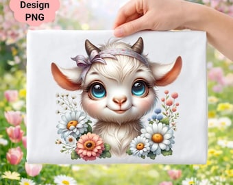 Floral Baby Goat Clipart, Nursery Art PNG (Digital Download)