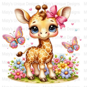 Cute Giraffe Clipart PNG, Digital Download, Cartoon Giraffe with Butterflies, Floral Giraffe Illustration, Kids Printable Art, Nursery Decor