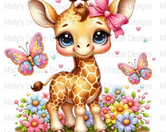 Mignon girafe Clipart PNG, téléchargement numérique, girafe de dessin animé avec des papillons, Illustration florale de girafe, oeuvre d'art imprimable pour enfants, décoration de chambre d'enfant