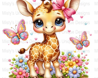 Cute Giraffe Clipart PNG, Digital Download, Cartoon Giraffe with Butterflies, Floral Giraffe Illustration, Kids Printable Art, Nursery Decor