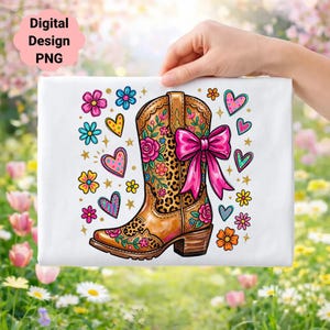 Western Cowboy Boot Clipart, Leopard Floral Pink Bow Hearts, Country Glitter PNG (Digital Download)