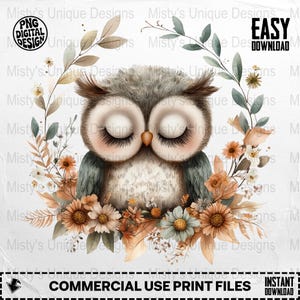 Pobierz cyfrową sową clipart PNG, akwarelowa sowa, ilustracja z kwiatową sową, wydruk artystyczny z sową, wystrój pokoju dziecięcego, clipart na baby shower, urocze zwierzę
