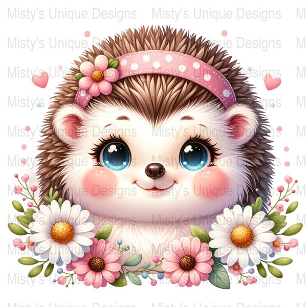 Cute Hedgehog Clipart, Floral Digital Download, Pink Bow, Daisy Decor, Kids Party Invitation PNG, Scrapbooking Image, Nursery Wall Art