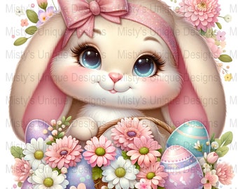 Cute Easter Bunny Clipart, Digital Download, Spring Flowers and