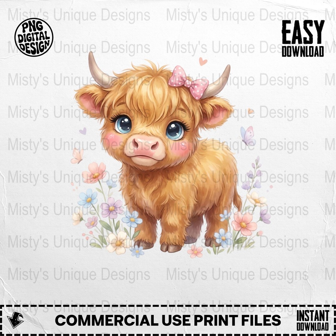 Cute Highland Cow Digital Download Clipart PNG, Baby Cow With Bow ...