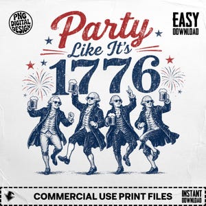Four men in colonial attire dance with beer mugs under "Party Like It's 1776" text.