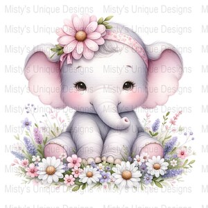 Cute Baby Elephant Clipart PNG, Floral Baby Elephant Wall Art, Digital Download Clipart, Nursery Art Decor Printable, Instant Download