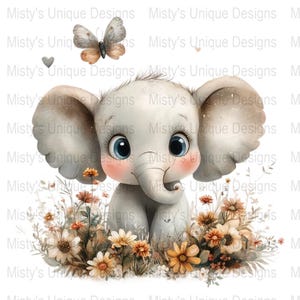 Cute Baby Elephant Clipart PNG, Adorable Animal Digital Download, Cartoon Elephant with Flowers, Nursery Decor Clip Art