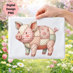 May include: A patchwork pig illustration in pink, cream, and green, with a variety of patterns including hearts, polka dots, and floral designs. The pig is holding a white background with the text "Digital Design PNG" in a pink cloud.