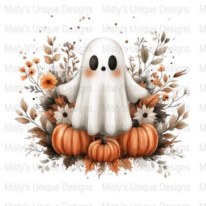 Cute Halloween Ghost Clipart PNG, Autumn Pumpkins Floral Design, Digital Download, Spooky Seasonal Illustration, Fall Art