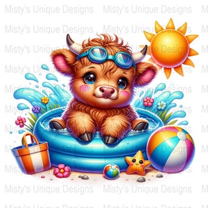 Słodkie małe zwierzę cyfrowe do pobrania, Kawaii Clipart PNG, Urocza krowa w basenie, Letnia sztuka kreskówkowa, Zabawna ilustracja plażowa