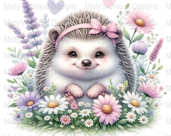 Floral Hedgehog Clipart, Spring Flowers PNG (Digital Download)