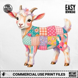 May include: A digital illustration of a goat with a patchwork body featuring various patterns including floral, polka dot, gingham, and striped designs in pink, yellow, teal, and white. The goat has small horns and text reading PNG DIGITAL DESIGN and EASY DOWNLOAD.