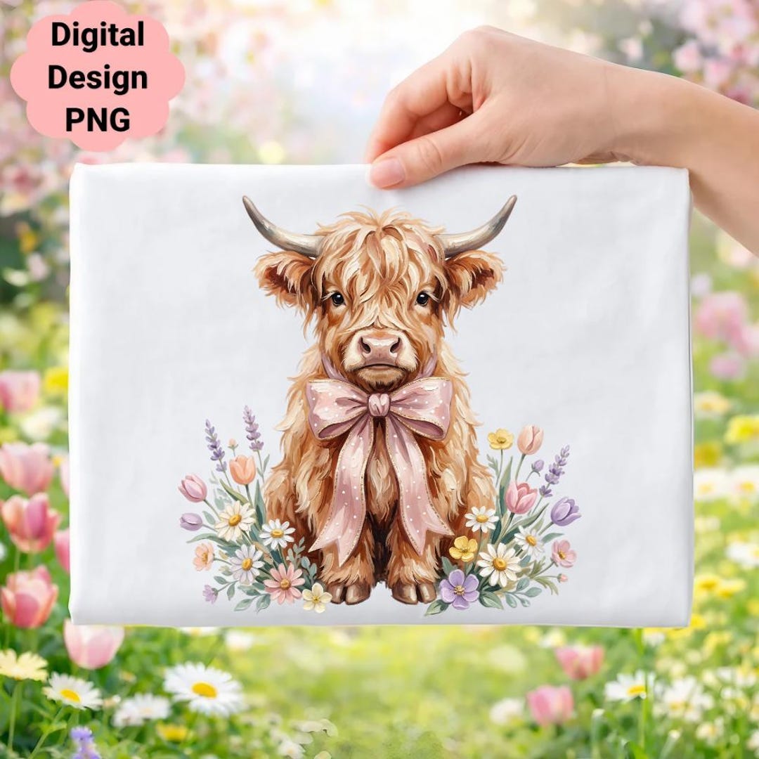 Highland Cow Clipart, Watercolor Floral Baby Calf PNG (digital Download ...