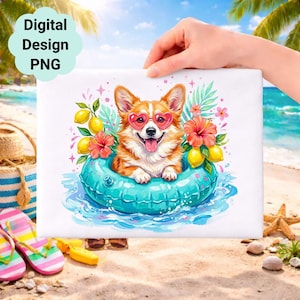 Corgi Summer Clipart, Tropical Dog Illustration, Pool Float Vacation PNG (Digital Download)