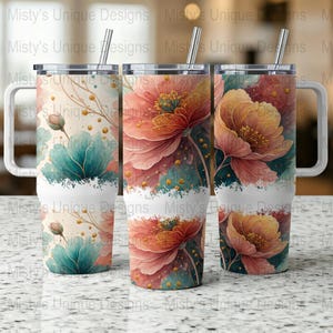 Floral 40oz Tumbler Wrap Vibrant Flower Design, Pink and Blue Floral Watercolor Art, Artistic 40oz Tumbler Wrap Cover