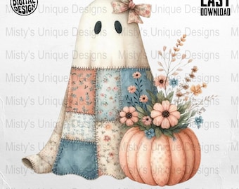 Könnte beinhalten: Ein skurriles digitales Design mit einem Geist mit einem Körper im Patchwork-Stil, einer floralen Schleife und schwarzen Augen. Ein Kürbis, der mit Blumen überquillt, sitzt neben dem Geist. Das Design enthält den Text "COMMERCIAL USE PRINT FILES" und "INSTANT DOWNLOAD".