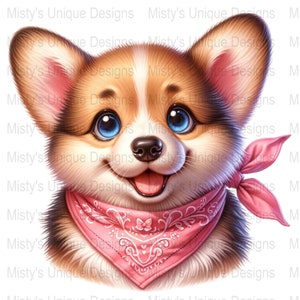 Cute Corgi Dog Clipart, Digital Download, Pet Lover PNG, Cartoon Puppy with Pink Bandana, Printable Art
