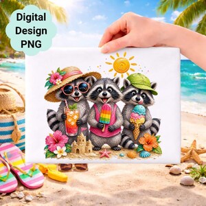 May include: A digital design PNG featuring three raccoons on a beach. One wears a straw hat and sunglasses holding a drink, one wears a pink top holding a popsicle, and one wears a green cap holding an ice cream cone, with a sandcastle and flowers.