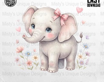 Baby Elephant Clipart, Pink Bow, Nursery Decor (Digital Download)