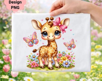 Cartoon Giraffe Clipart, Floral Butterflies, Nursery Art (Digital Download)