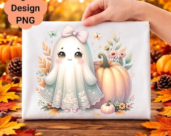 Kawaii Ghost Clipart, Floral Pumpkin PNG, Halloween Digital Download