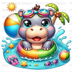Uroczy Hipopotam Clipart, Letni Temat Cyfrowe Pobieranie, Kreskówkowy Hipopotam w Basenie, Format PNG, Grafiki Imprezy Plażowej, Ilustracja Dla Dzieci