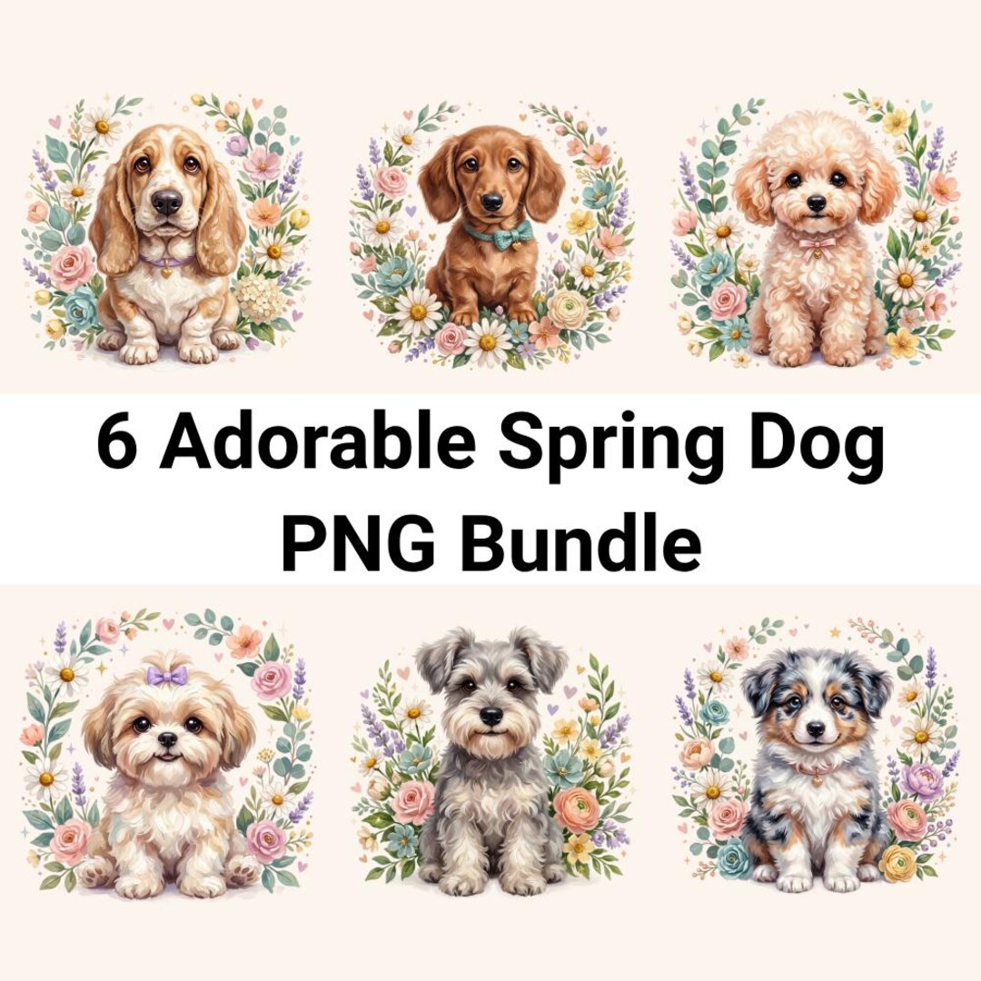 Spring Dog PNG Bundle, Floral Puppy Clipart, Whimsical Pet Graphics ...
